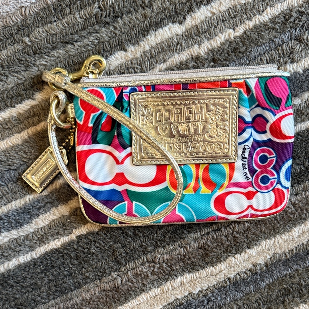Coach Colorful Patterned Wristlet with Gold Accents